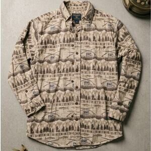 Woolrich Fly Fishing Trout Novelty Print Button Down Shirt Mens M Cabin Core
